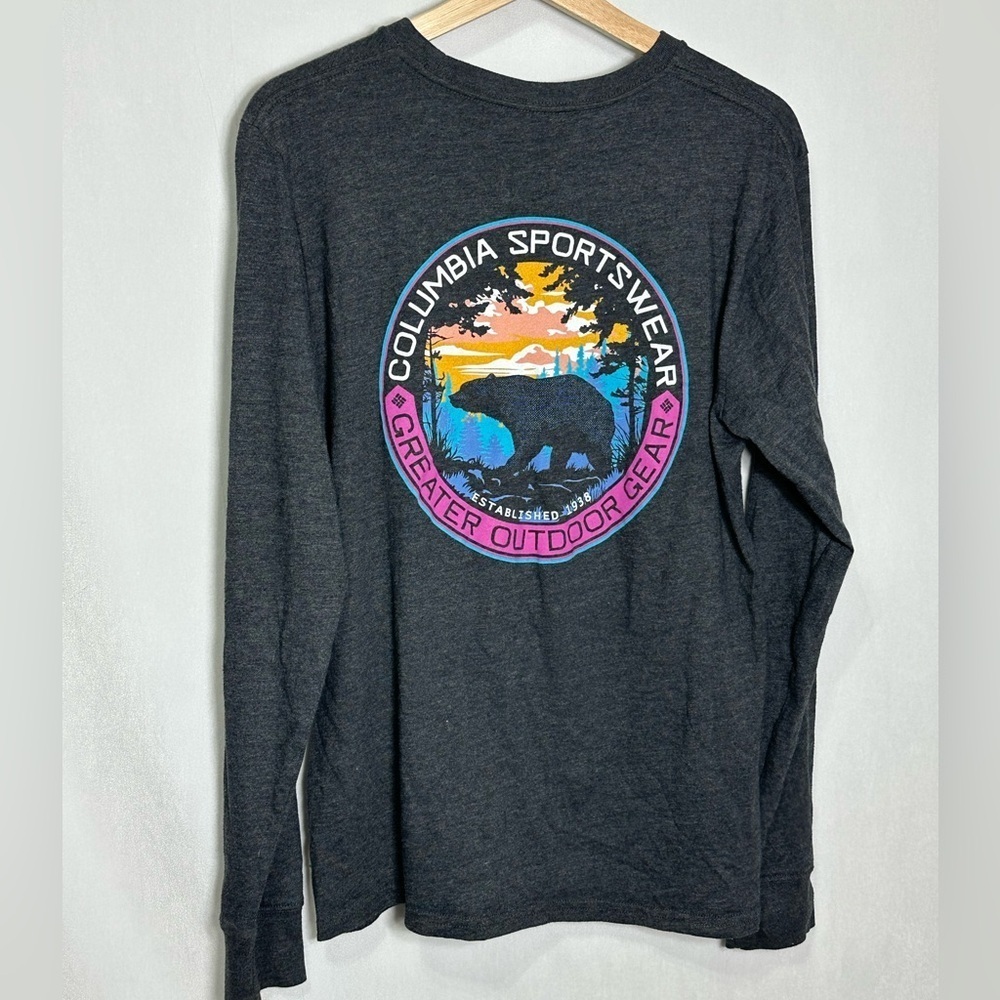 Columbia‎ Sportswear Mens Long Sleeve Graphic T-Shirt Charcoal Grey Bear Logo M